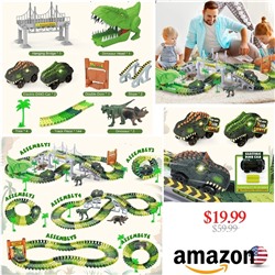 [2022 New] Dinosaur Toys, 157 Pcs Dinosaur Train Set Toys with Flexible Track, Tunnel, 2 Dinosaurs, 2 Led Dino Car, Kids Race Car Track Toys for 3 4 5 6+ Year Old Boys Girls Christmas Birthday Gifts