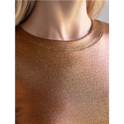 Топ с закрытым декольте из хлопка с эластаном в рубчик с матовым покрытием металлик