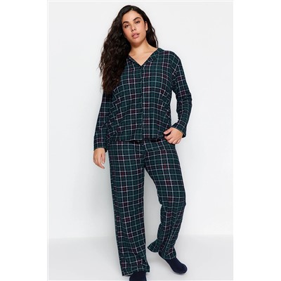 Trendyol Curve Yeşil Gömlek Yaka Ekose/Kareli Örme Pijama Takımı TBBAW24AI00033