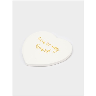 Подставка под кружку, 13х9 см, керамика/пробка, сердце, белая, Надпись