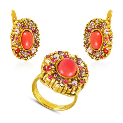 Комплект (коралл, кристаллы микс; покрытие золото)