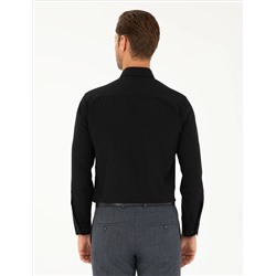 Siyah Slim Fit Armürlü Uzun Kollu Gömlek