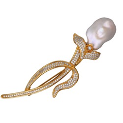 Брошь Барокко (жемчуг белый 16мм, белый фианит; покрытие золото), Есть комплект