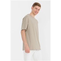 Erkek Haki Comfort Long Bisiklet Yaka Tişört