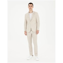 Bej Slim Fit Keten Karışımlı Çizgili Takım Elbise