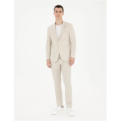 Bej Slim Fit Keten Karışımlı Çizgili Takım Elbise