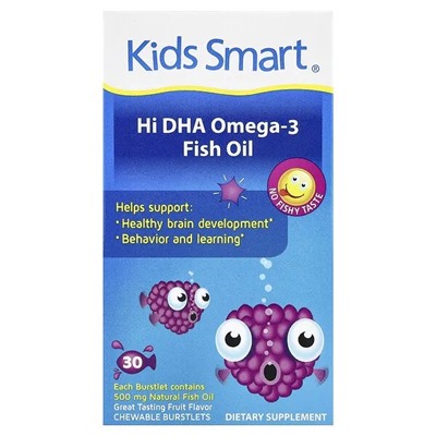 Kids Smart, Kids Smart®, Hi DHA-Omega 3 Fish Oil, Fruit, 30 Chewable Burstlets