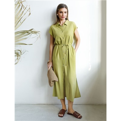 Длинное платье-рубашка с поясом и разрезами изо льна с вискозой