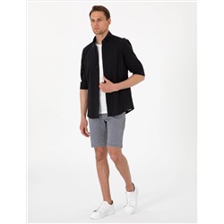 Siyah Keten Görünümlü Slim Fit Uzun Kollu Gömlek