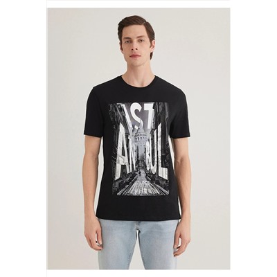 Mavi İstanbul Galata Baskılı Siyah Tişört Slim Fit / Dar Kesim 067053-900