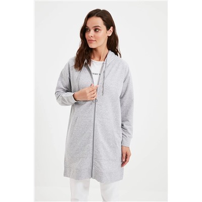 TRENDYOL MODEST Gri Melanj Kapüşonlu Fermuarlı Basic Örme Geniş Kalıp Oversize Sweatshirt Hırka TCTAW22TW0137