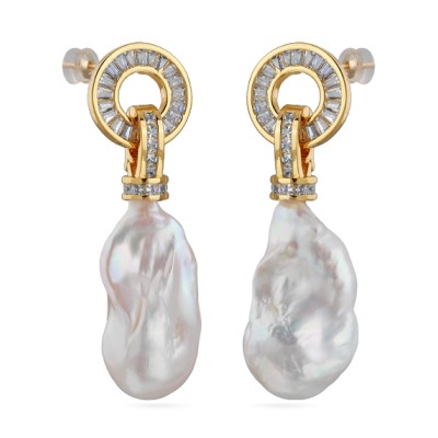 Серьги Барокко (жемчуг белый, белый фианит; покрытие золото), Есть комплект