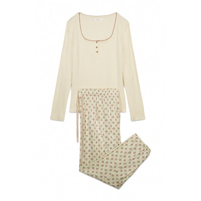 Pijama largo algodón estampado flores amarillo