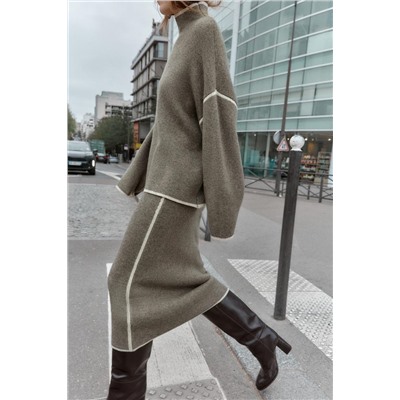 CONTRAST PIPING KNIT MIDI SKIRT