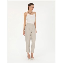 Bej Keten Karışımlı Carrot Fit Pantolon