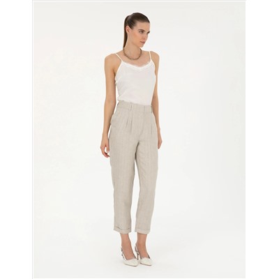 Bej Keten Karışımlı Carrot Fit Pantolon