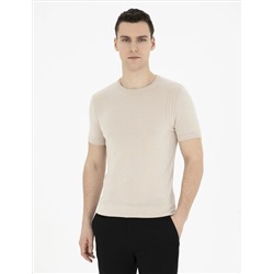 Bej Slim Fit Bisiklet Yaka Triko Tişört