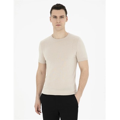 Bej Slim Fit Bisiklet Yaka Triko Tişört
