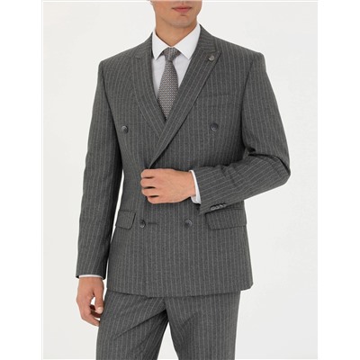 Kruvaze Çizgili Füme Ekstra Slim Fit Takım Elbise