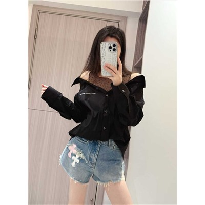 Стильная женская рубашка с имитацией внутри майки, которая украшена стразами  АЛЕКСАНДР ВАН*Г