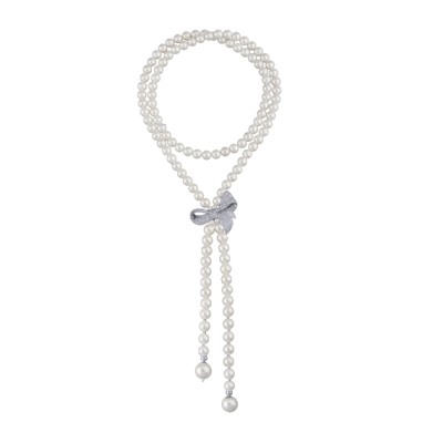 Колье (Майорка белая 8-12мм, фианит; покрытие родий) 74см, Есть комплект