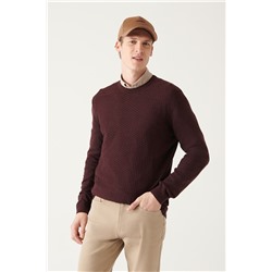 Bordo Bisiklet Yaka Önü Dokulu Regular Fit Triko Kazak