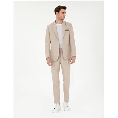 Açık Kahverengi Slim Fit Keten Karışımlı Pileli Pantolon
