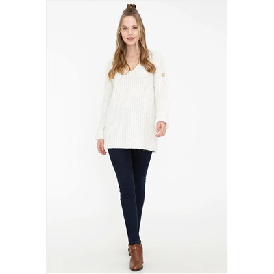 Kadın Krem V - Yaka Kazak