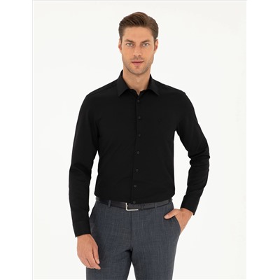 Siyah Armürlü Slim Fit Uzun Kollu Gömlek