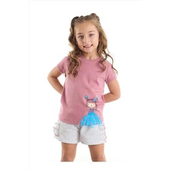 Denokids Tüllü Lily Kız Çocuk Pembe T-shirt Açık Gri Şort Takım CFF-22Y1-075