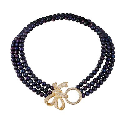 Колье (жемчуг баклажановый 8мм, белый фианит; покрытие золото) 42см, Есть комплект