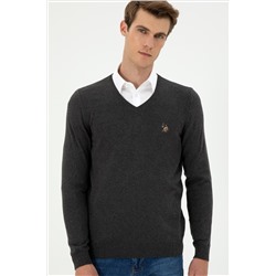 Erkek Slim Fit V Yaka Antrasit Basic Kazak