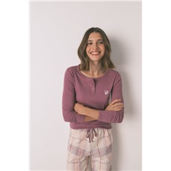 Pijama largo algodón estampado cuadros rosa