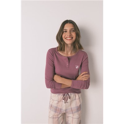 Pijama largo algodón estampado cuadros rosa