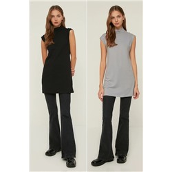 TRENDYOL MODEST Siyah-Gri 2'li Dik Yaka Kolsuz İçlik Tunik TCTSS21UK0033
