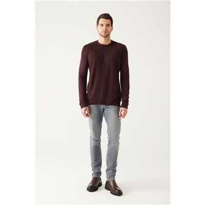 Bordo Bisiklet Yaka Önü Dokulu Regular Fit Triko Kazak