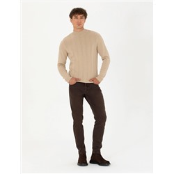 Bej Slim Fit Yarım Balıkçı Triko Kazak