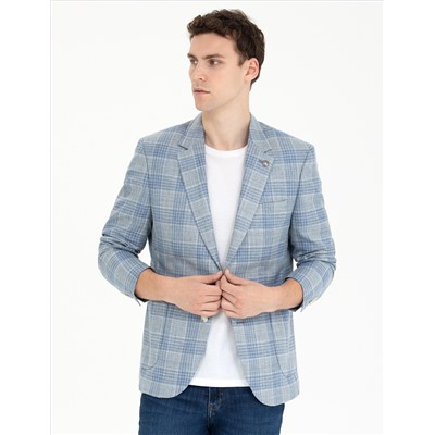 Açık Lacivert Slim Fit Yün Keten Karışımlı Ekose Ceket