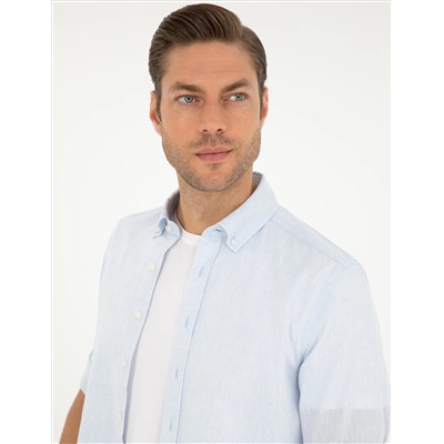 Açık Mavi Keten Karışımlı Regular Fit Uzun Kollu Gömlek