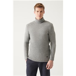 Gri Tam Balıkçı Yaka Dokulu Triko Kazak