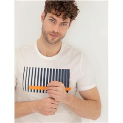 Turuncu Slim Fit Baskılı Bisiklet Yaka Tişört