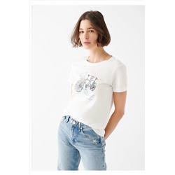 Mavi Bisiklet Baskılı Beyaz Tişört Loose Fit / Bol Rahat Kesim 1610683-81964
