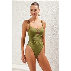 TRENDYOLMİLLA Haki Kare Yaka Aksesuarlı Drapeli Regular Mayo TBESS25MA00095