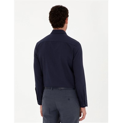 Lacivert Slim Fit Armürlü Uzun Kollu Gömlek