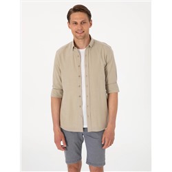 Haki Keten Görünümlü Slim Fit Uzun Kollu Gömlek