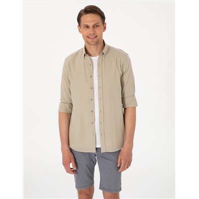 Haki Keten Görünümlü Slim Fit Uzun Kollu Gömlek