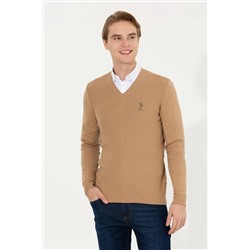 Erkek Camel Melanj V - Yaka Triko Kazak