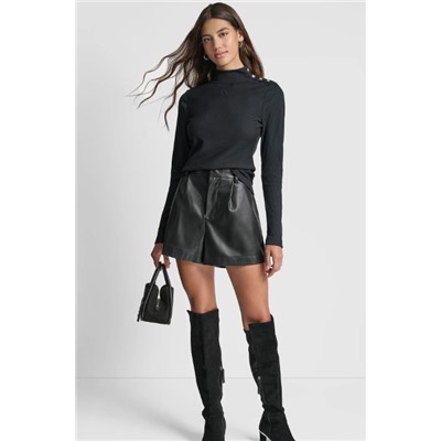 JEWEL BUTTON SHOULDER MOCK NECK LONG SLEEVE TEE