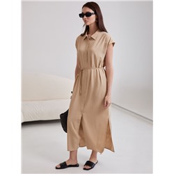 Длинное платье-рубашка с поясом и разрезами изо льна с вискозой