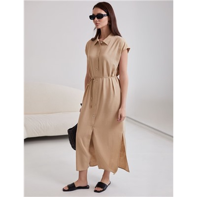 Длинное платье-рубашка с поясом и разрезами изо льна с вискозой